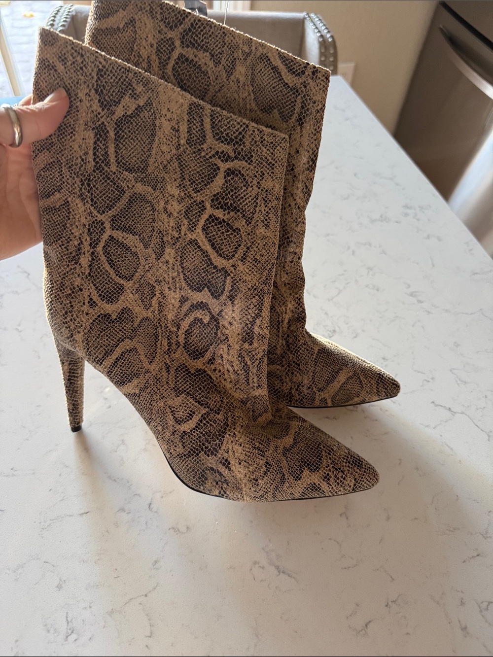 Snake-Print Pointed Toe Stiletto Ankle Boots - Brown size 8 nwt
